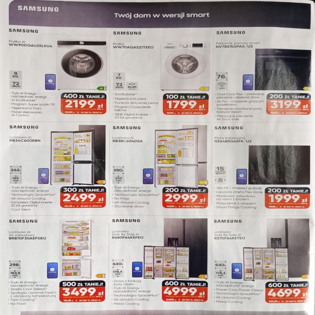 Może być zdjęciem przedstawiającym kiosk i tekst „SAMSUNG Twój dom SAMSUNG wersji smart Pralka WW90DG6U25LKU4 SAMSUNG SAMSUNG WW7OAGAS2ITEEO Piekarnie smart NV7B5745PAK/U2 nergi A 76 9 -EcoBubible" 400 TANIEJ! 2199 109PS 3oиKToKлooB AlCie piany Czyszczarie 100 TANIEJ! 1799 3лroлKooB SAMSUNG gwalangi 200 ZE TANIEJ! gonqaym 3199 ហុល5 Lodáwka RB34C600EBN SAMSUNG RB3BC604DSA SAMSUNG 取工口 ndukzyjna NZ6485045FK/U2 390L 300 TANIEJ! 2499 zł Inverter oszcządrasć ISient 200 TANIEJ! 2999 Cooling Zlicowane SAMSUNG 200 ZE TANIEJ! 1999 zł 9955 20T Lodówka BRB70F30AEFOEO okapem SmortInings Cooking SAMSUNG SAMSUNG SidaBySida RSBOF64KEFEO Lodówka 298L RS70F64KETEO 640 640L -Szuflada Optimal funkaja H 500 TANIEJ! 3499 俏用：里月日9500 Coolng™ NoFrost TANIEJ! 4999 20995& Coolng 600 TANIEJ! 4699”